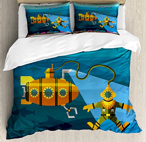 Ambesonne Yellow Submarine Duvet Cover Sets, Submarinend Diver Jumping Dolphins Illustration Print, Bedding Set with 2 Duvet Covers & 4 Pillowcases, 2 Pack Queen Size, Petrol Blue and Ginger