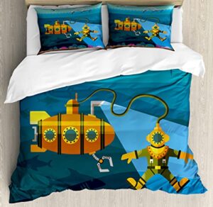 ambesonne yellow submarine duvet cover sets, submarinend diver jumping dolphins illustration print, bedding set with 2 duvet covers & 4 pillowcases, 2 pack king size, petrol blue and ginger