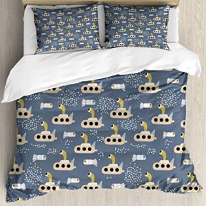 Ambesonne Cartoon Duvet Cover Sets, Style Submarines Fringe Tailed Finless One-Eyed Fishes, Bedding Set with 2 Duvet Covers 4 Pillowcases, 2 Pack Cal King Size, Pale Coffee Slate Blue