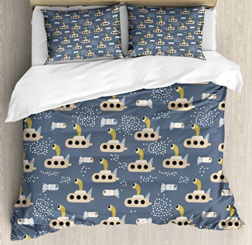 Ambesonne Cartoon Duvet Cover Sets, Style Submarines Fringe Tailed Finless One-Eyed Fishes, Bedding Set with 2 Duvet Covers 4 Pillowcases, 2 Pack Cal King Size, Pale Coffee Slate Blue