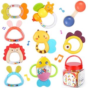 MOONTOY Baby Rattles Teether Set Toys for 0 1 2 3 4 5 6 7 8 9 10 11 12 Month Old Baby Boy Girl, 9PCS Baby Toys Sensory Toys Early Development Newborn Birthday Gifts Infant Toys 0-3-6-12 Month