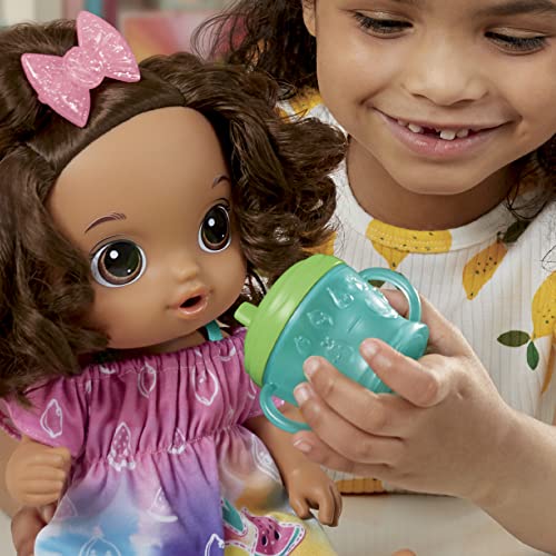 Baby Alive Fruity Sips Doll, Lemon, Toys for 3 Year Old Girls, 12-inch Baby Doll Set, Drinks & Wets, Pretend Juicer, Kids 3 and Up, Brown Hair