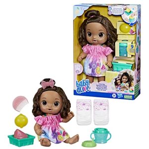 Baby Alive Fruity Sips Doll, Lemon, Toys for 3 Year Old Girls, 12-inch Baby Doll Set, Drinks & Wets, Pretend Juicer, Kids 3 and Up, Brown Hair