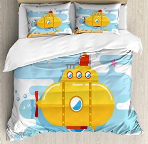 ambesonne yellow submarine duvet cover sets, submarine underwater illustration crab and starfish animal print, bedding set with 2 duvet covers & 2 pillowcases, 2 pack twin size, blue earth yellow