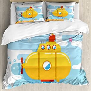 Ambesonne Yellow Submarine Duvet Cover Sets, Submarine Underwater Illustration Crab and Starfish Animal Print, Bedding Set with 2 Duvet Covers & 4 Pillowcases, 2 Pack Queen Size, Blue Earth Yellow