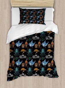 ambesonne diver duvet cover sets, ocean items pattern shark sea turtle submarine octopus deep sea angler nautical theme, bedding set with 2 duvet covers 4 pillowcases, 2 pack cal king size, multicolor