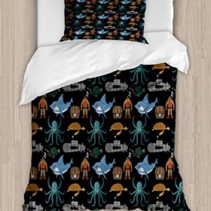 Ambesonne Diver Duvet Cover Sets, Ocean Items Pattern Shark Sea Turtle Submarine Octopus Deep Sea Angler Nautical Theme, Bedding Set with 2 Duvet Covers 4 Pillowcases, 2 Pack Cal King Size, Multicolor