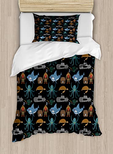 Ambesonne Diver Duvet Cover Sets, Ocean Items Pattern Shark Sea Turtle Submarine Octopus Deep Sea Angler Nautical Theme, Bedding Set with 2 Duvet Covers 4 Pillowcases, 2 Pack Cal King Size, Multicolor