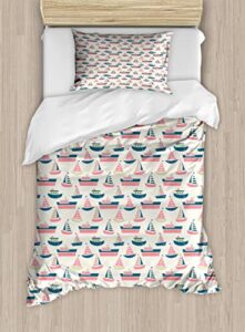 ambesonne sailing duvet cover sets, pattern of little ship boat yacht submarine marine love for cartoon, bedding set with 2 duvet covers & 4 pillowcases, 2 pack king size, multicolor