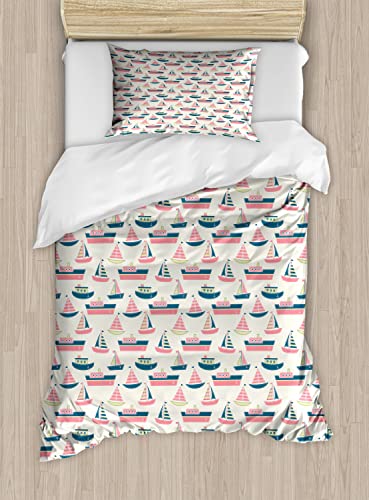 Ambesonne Sailing Duvet Cover Sets, Pattern of Little Ship Boat Yacht Submarine Marine Love for Cartoon, Bedding Set with 2 Duvet Covers & 4 Pillowcases, 2 Pack King Size, Multicolor