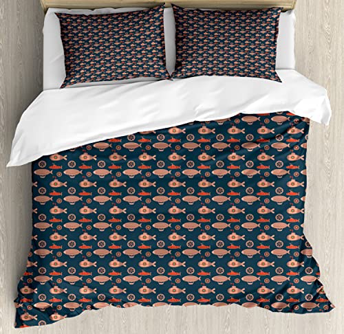 Ambesonne Marine Duvet Cover Sets, Image of Submarines and Zeppelins in Continuous Nostalgic Pattern Nautical, Bedding Set with 2 Duvet Covers 4 Pillowcases, 2 Pack Cal King Size, Salmon and Dark Blue