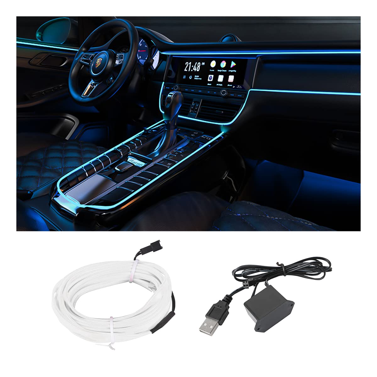 EL Wire Interior Car LED Strip Lights, USB Auto Neon Light Strip with Sewing Edge, 16FT Electroluminescent Car Ambient Lighting Kits with Fuse Protection, Car Accessories (Ice Blue/16FT)