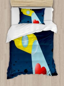 ambesonne yellow submarine duvet cover sets, illustration of a underwater submarine finding a heart romance image, bedding set with 2 duvet covers & 4 pillowcases, 2 pack king size, yellow dark blue