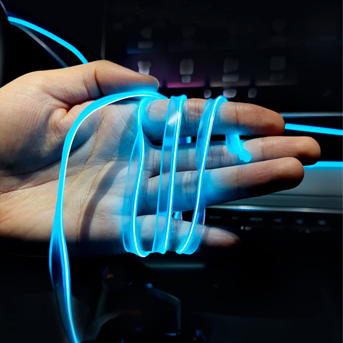 EL Wire Interior Car LED Strip Lights, USB Auto Neon Light Strip with Sewing Edge, 16FT Electroluminescent Car Ambient Lighting Kits with Fuse Protection, Car Accessories (Ice Blue/16FT)