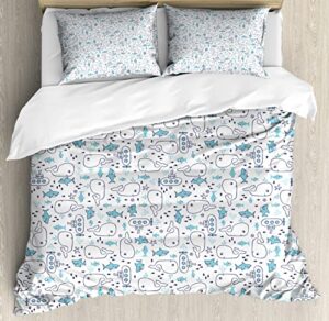 ambesonne whales duvet cover sets, continuous marine themed pattern with sharks little fish and submarines, bedding set with 2 duvet covers 4 pillowcases, 2 pack cal king size, indigo white sea blue