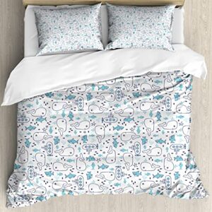 Ambesonne Whales Duvet Cover Sets, Continuous Marine Themed Pattern with Sharks Little Fish and Submarines, Bedding Set with 2 Duvet Covers 4 Pillowcases, 2 Pack Cal King Size, Indigo White Sea Blue