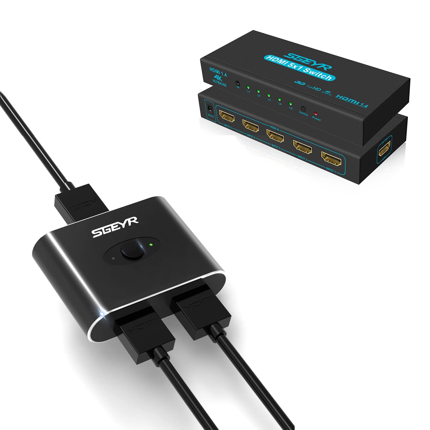 HDMI 1.4v Switch 5 in 1 Out +HDMI 2.0 Bi-Directional Switch 2 in 1 Out hdmi Splitter 1 in 2 Out Black(Only one Monitor Will Display at a time)