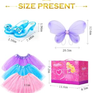 Princess Dresses for Girls Fairy Wings, BIBUTY Dress Up Clothes Pretend Play Costumes Trunk with 3 Sets of Princess Dress Up Shoes, Glitter Girls Tutu Skirts and Butterfly Wings, Toys for 3-6 yr Girls