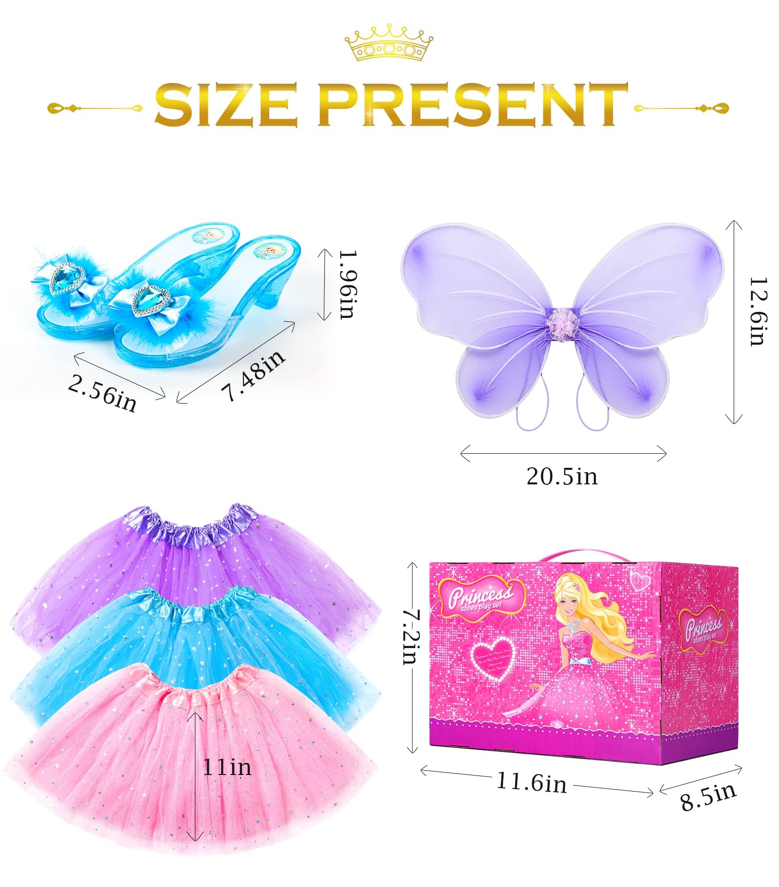 Princess Dresses for Girls Fairy Wings, BIBUTY Dress Up Clothes Pretend Play Costumes Trunk with 3 Sets of Princess Dress Up Shoes, Glitter Girls Tutu Skirts and Butterfly Wings, Toys for 3-6 yr Girls