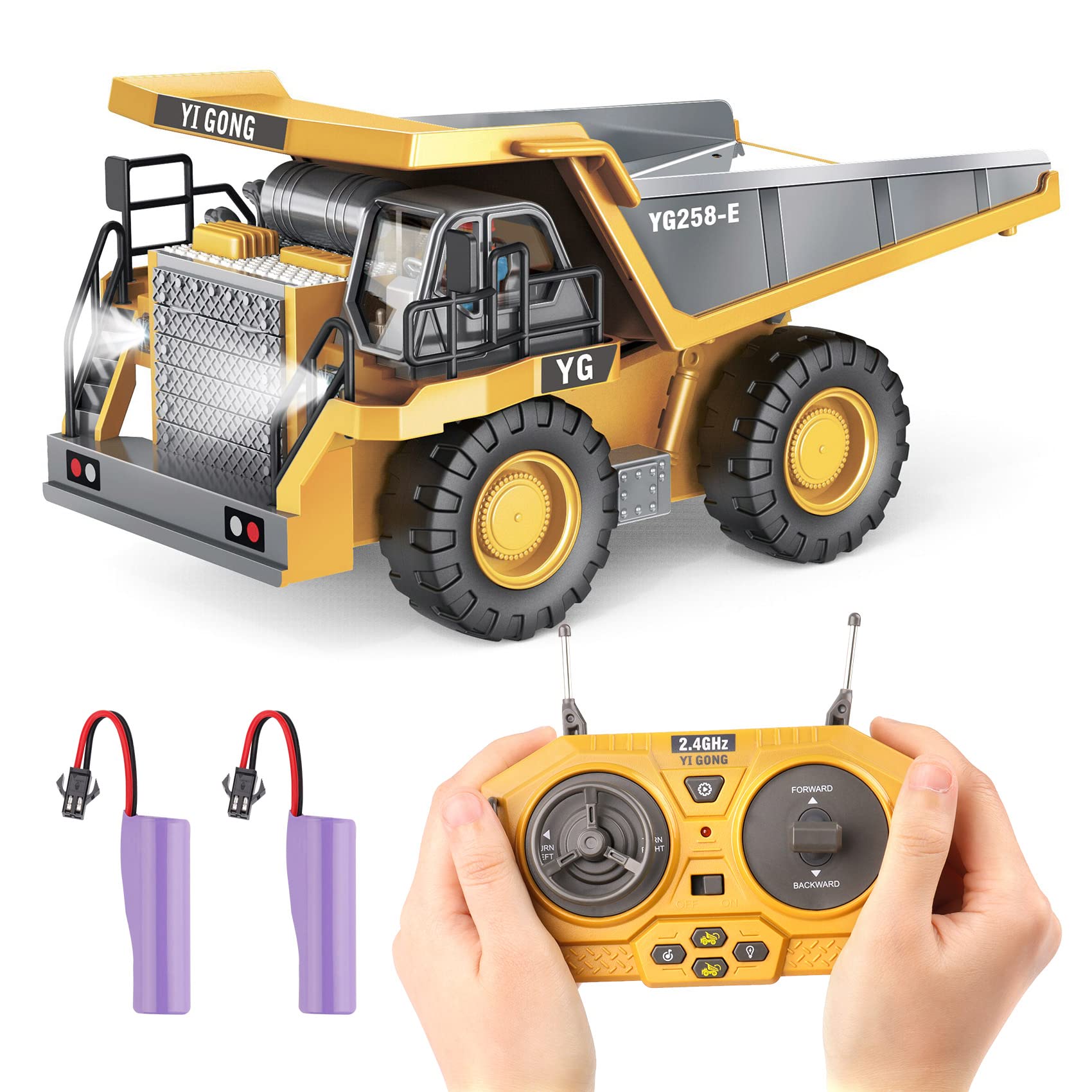 PREPOP RC Dump Truck Toy for Kids, Remote Control Construction Toys Vehicle with Metal Bed and Light/Music, Birthday Gifts Ideas for Boys Age 6 7 8 9 10 Year Old and up