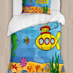 Ambesonne Yellow Submarine Duvet Cover Sets, Underwater Theme Vehicle Seahorse Starfish and Fish Print, Bedding Set with 2 Duvet Covers 4 Pillowcases, 2 Pack Cal King Size, Marigold and Aqua