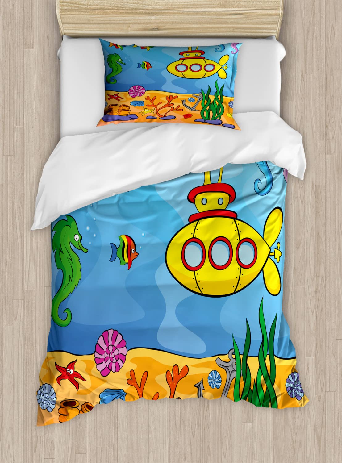 Ambesonne Yellow Submarine Duvet Cover Sets, Underwater Theme Vehicle Seahorse Starfish and Fish Print, Bedding Set with 2 Duvet Covers 4 Pillowcases, 2 Pack Cal King Size, Marigold and Aqua