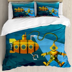 Ambesonne Yellow Submarine Duvet Cover Sets, Submarinend Diver Jumping Dolphins Illustration Print, Bedding Set with 2 Duvet Covers 4 Pillowcases, 2 Pack Cal King Size, Petrol Blue and Ginger