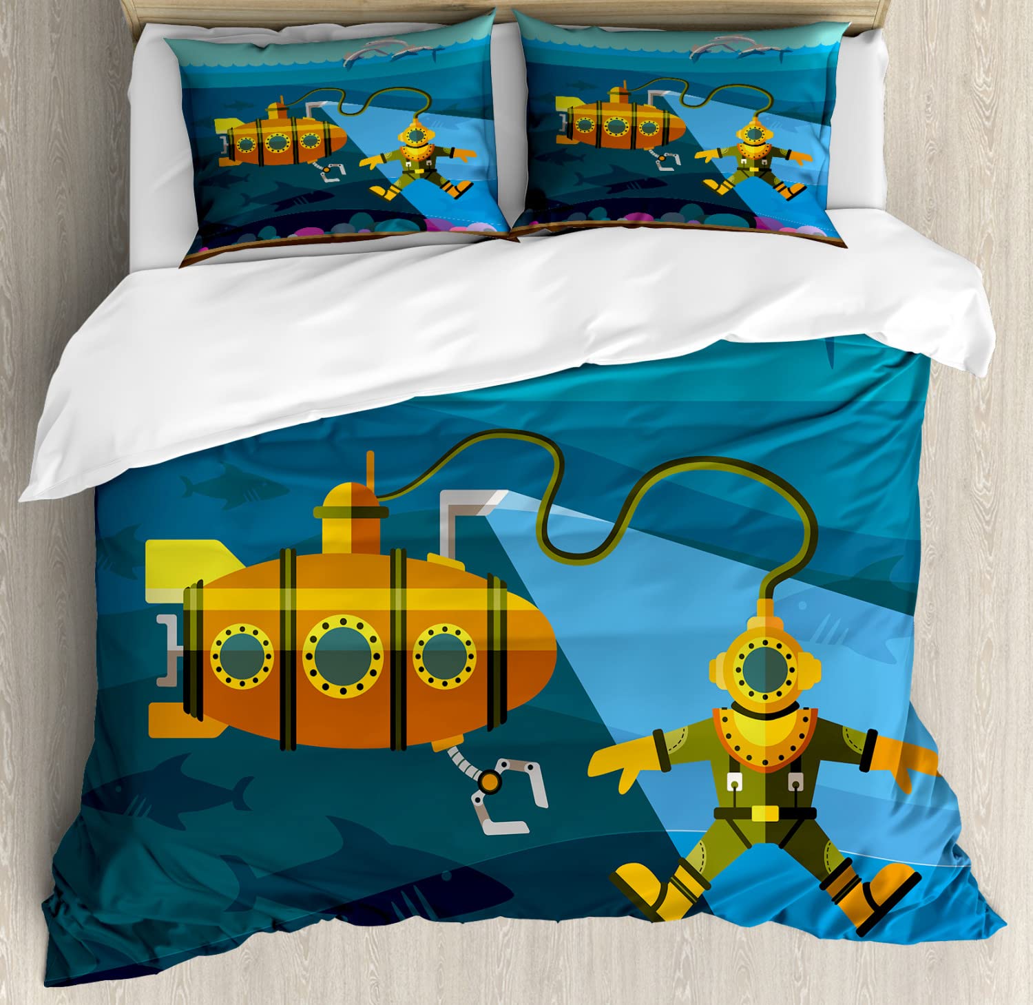 Ambesonne Yellow Submarine Duvet Cover Sets, Submarinend Diver Jumping Dolphins Illustration Print, Bedding Set with 2 Duvet Covers 4 Pillowcases, 2 Pack Cal King Size, Petrol Blue and Ginger