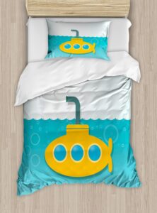 ambesonne yellow submarine duvet cover sets, illustration of submarine with bubbles below the sea pattern, bedding set with 2 duvet covers & 4 pillowcases, 2 pack king size, earth yellow pale blue