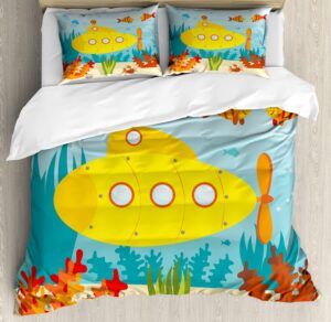 ambesonne yellow submarine duvet cover sets, sea life theme vehicle fish and a crab illustration print, bedding set with 2 duvet covers 4 pillowcases, 2 pack cal king size, yellow pale blue