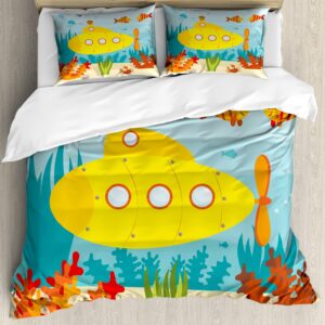 Ambesonne Yellow Submarine Duvet Cover Sets, Sea Life Theme Vehicle Fish and a Crab Illustration Print, Bedding Set with 2 Duvet Covers 4 Pillowcases, 2 Pack Cal King Size, Yellow Pale Blue