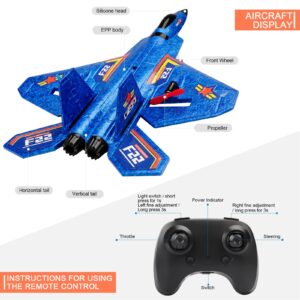 ANTSIR Remote Control Plane F-22 Raptor, 2.4Ghz Smart Gyroscope RC Airplane with Light Strip, Jet Fighter Toy Gift for Kids Beginner (Blue)