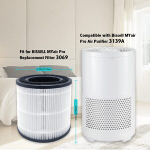 3-in-1 Replacement Filters Compatible with BISSELL MYair Pro Air Purifier 3139A 3139B, Esctabalt 2-Pack 3139A Replacements True HEPA Filter, 3069, White