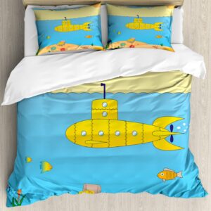 Ambesonne Yellow Submarine Duvet Cover Sets, Cartoon Under Sea Adventure Jellyfish Treasure Chest Seagull Fish, Bedding Set with 2 Duvet Covers 4 Pillowcases, 2 Pack Cal King Size, Blue Yellow Beige