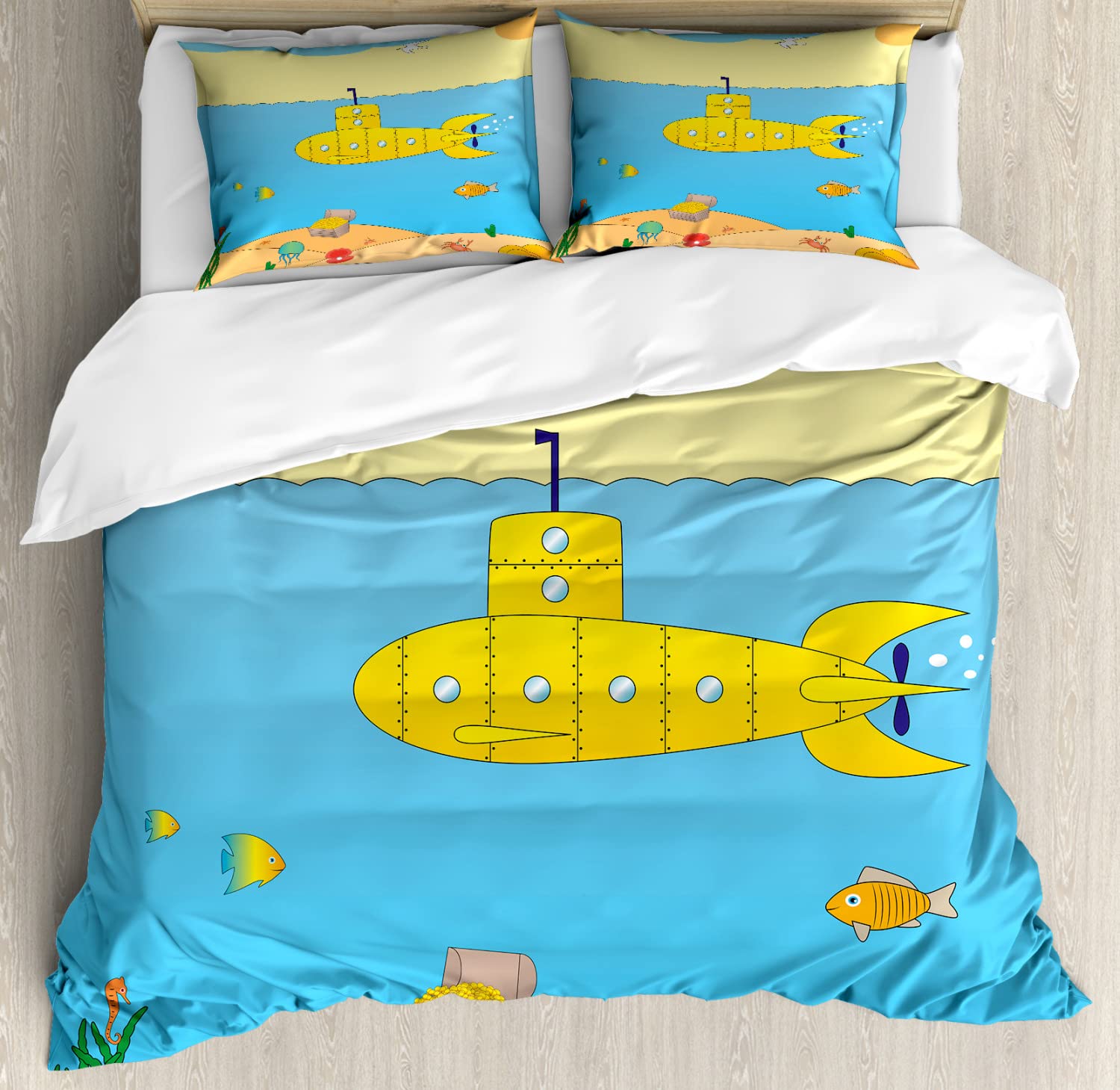 Ambesonne Yellow Submarine Duvet Cover Sets, Cartoon Under Sea Adventure Jellyfish Treasure Chest Seagull Fish, Bedding Set with 2 Duvet Covers 4 Pillowcases, 2 Pack Cal King Size, Blue Yellow Beige