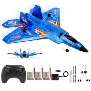 antsir remote control plane f-22 raptor, 2.4ghz smart gyroscope rc airplane with light strip, jet fighter toy gift for kids beginner (blue)