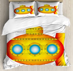 ambesonne yellow submarine duvet cover sets, sea theme a submarine on the white background illustration print, bedding set with 2 duvet covers & 4 pillowcases, 2 pack king size, orange and yellow