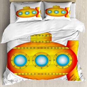 Ambesonne Yellow Submarine Duvet Cover Sets, Sea Theme a Submarine on The White Background Illustration Print, Bedding Set with 2 Duvet Covers & 4 Pillowcases, 2 Pack King Size, Orange and Yellow