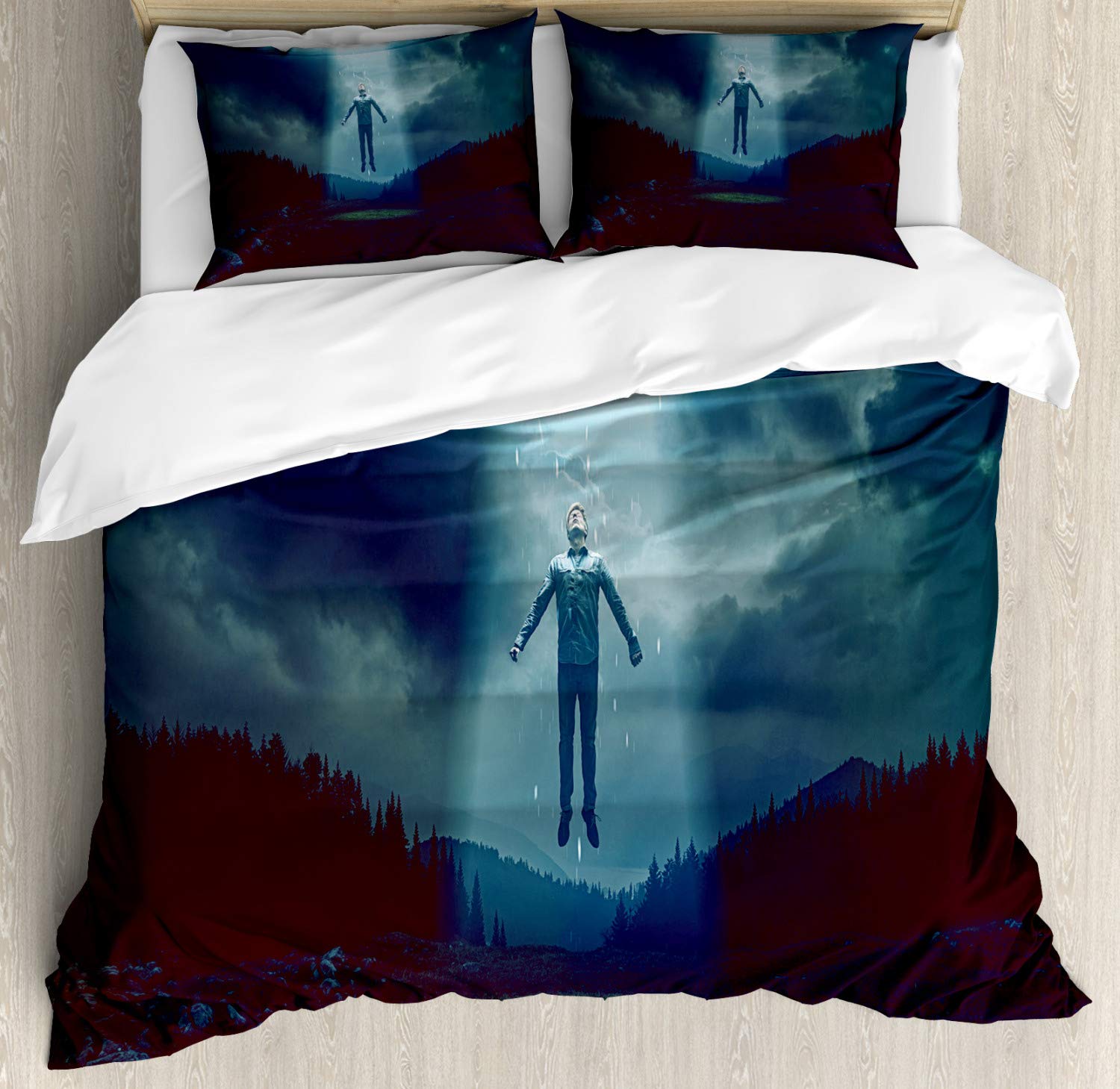 Ambesonne Quirky Duvet Cover Sets, Man Abducted by UFO Scenery Alien Spaceship Extra Terrestrial Futuristic Design, Bedding Set with 2 Duvet Covers & 4 Pillowcases, 2 Pack King Size, Teal Burgundy