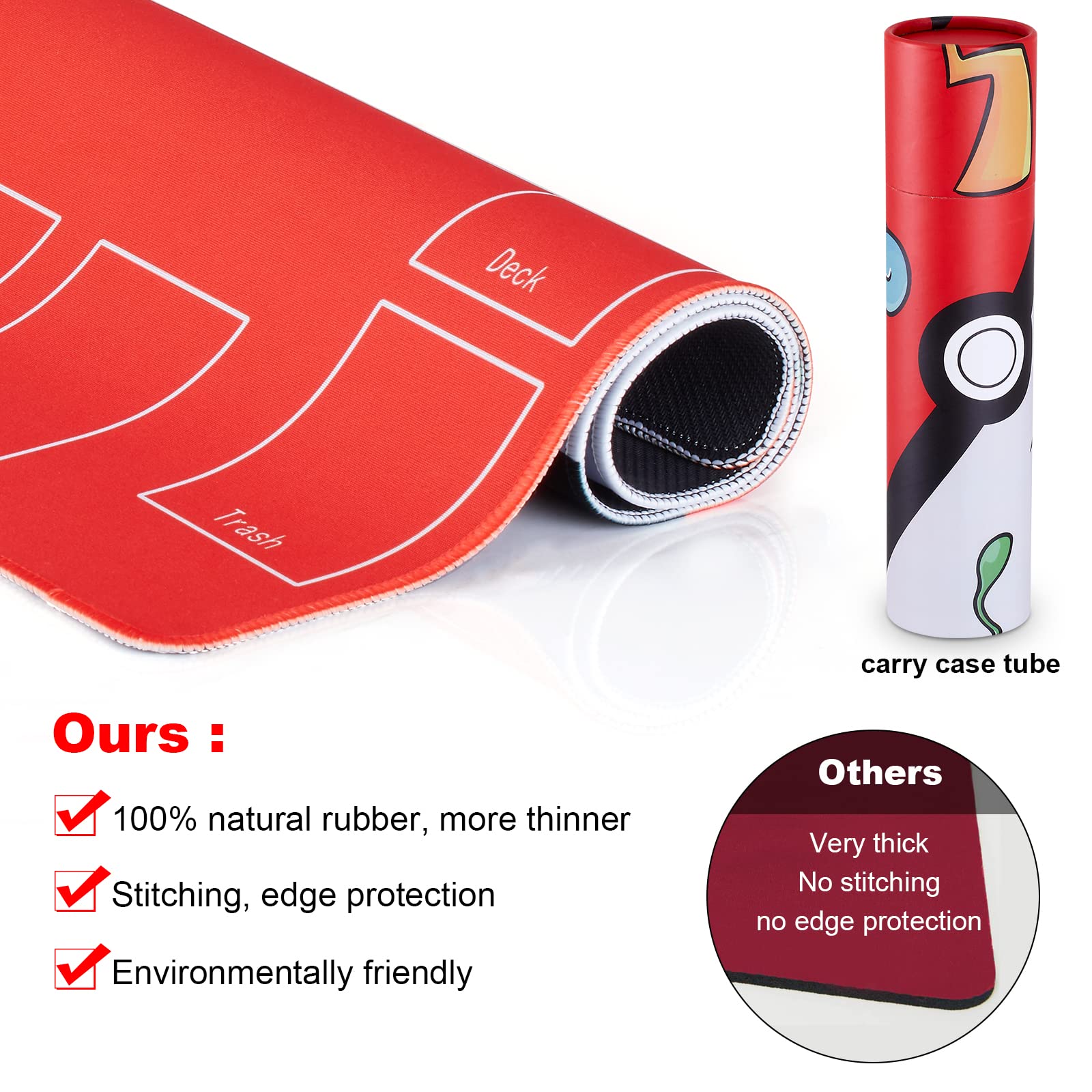 Biouai Playmat for Trading Card Game - 2 Player Trainer Mat for Game with Carry Case Tube(Red)