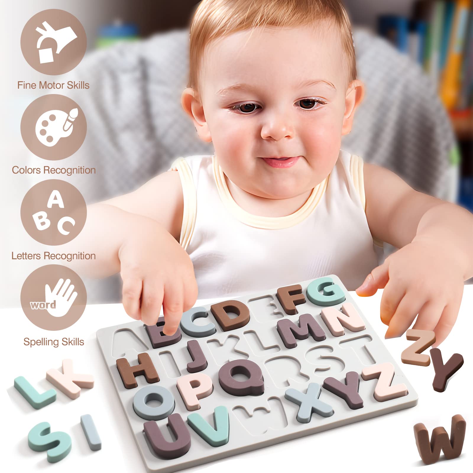 Macabaka Silicone Alphabet Puzzle, ABC Puzzle Shape Alphabet Toys with Puzzle Board & Soft Letter Blocks for Toddlers, Montessori Preschool Early Education Learning Toy for Boys and Girls