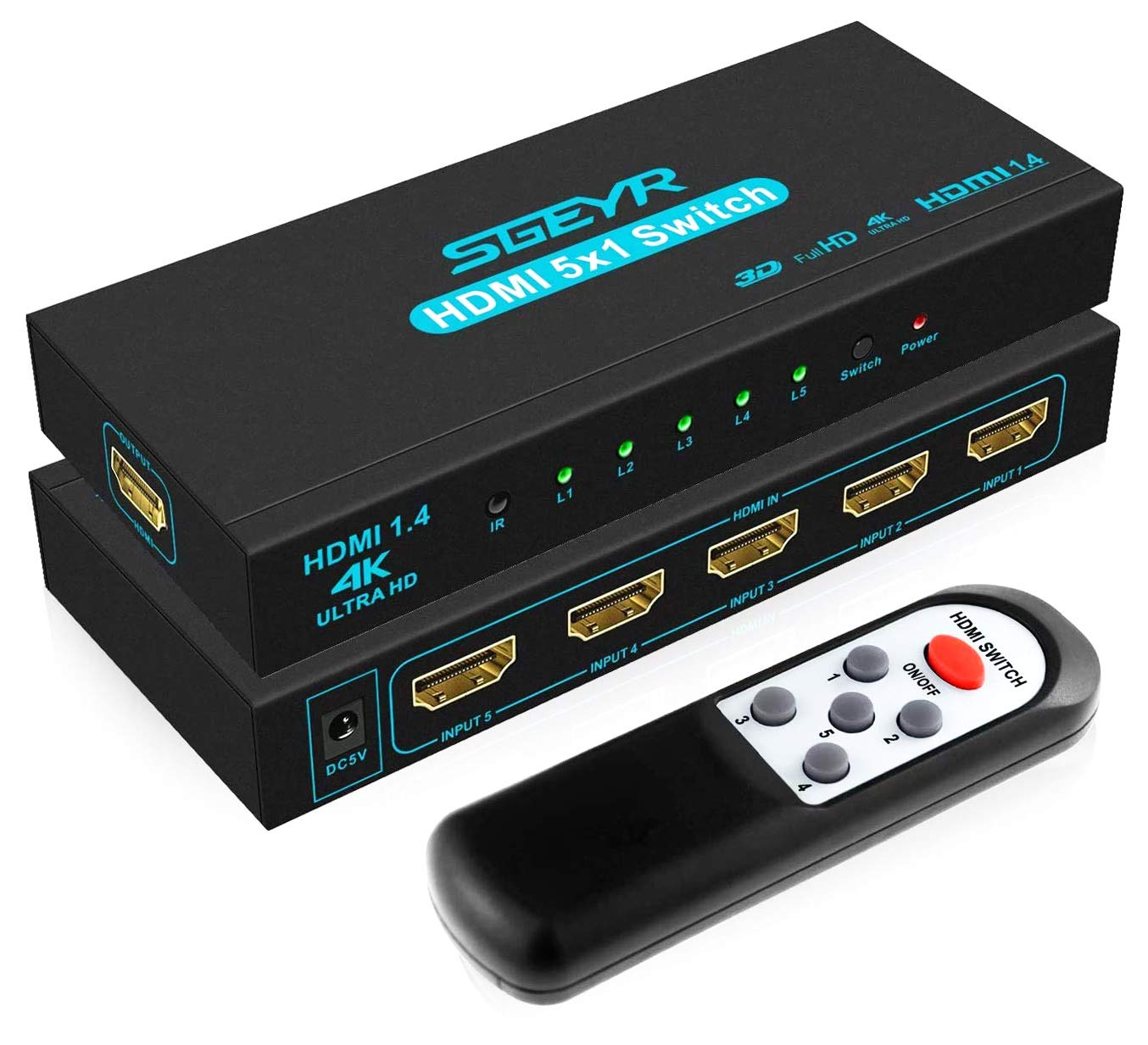 HDMI 1.4v Switch 5 in 1 Out +HDMI 2.0 Bi-Directional Switch 2 in 1 Out hdmi Splitter 1 in 2 Out Black(Only one Monitor Will Display at a time)