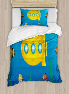 ambesonne yellow submarine duvet cover sets, nautical theme a submarine surrounded by fish and sea grass print, bedding set with 2 duvet covers & 4 pillowcases, 2 pack queen size, blue and yellow