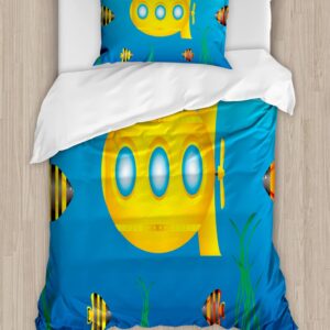 Ambesonne Yellow Submarine Duvet Cover Sets, Nautical Theme a Submarine Surrounded by Fish and Sea Grass Print, Bedding Set with 2 Duvet Covers & 4 Pillowcases, 2 Pack Queen Size, Blue and Yellow