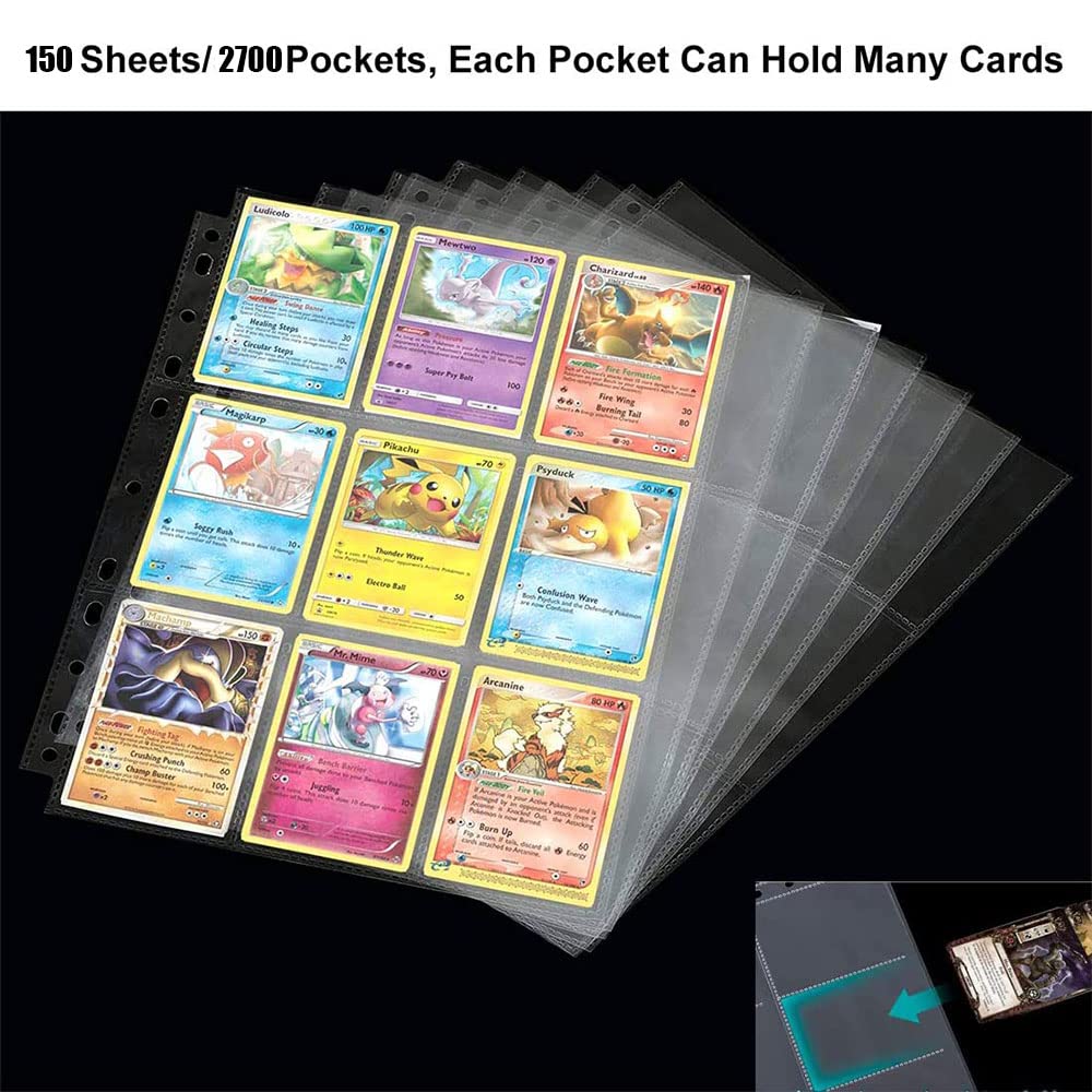 2700 Pockets Trading Card Sleeve Pages,150 Pack Double Side 9-Pocket Trading Card Binder Sleeves Page Protectors Sheet for Skylanders, Pokemon, Top Trumps for 11 Ring Binder