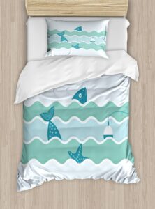 ambesonne fishing duvet cover sets, fish tail and starfish swimming in flat waves submarine comical illustration nature, bedding set with 2 duvet covers & 4 pillowcases, 2 pack queen size, pale blue