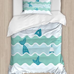 Ambesonne Fishing Duvet Cover Sets, Fish Tail and Starfish Swimming in Flat Waves Submarine Comical Illustration Nature, Bedding Set with 2 Duvet Covers & 4 Pillowcases, 2 Pack Queen Size, Pale Blue