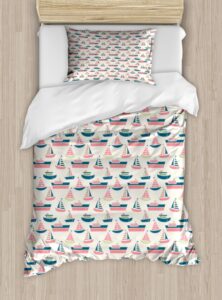 ambesonne sailing duvet cover sets, pattern of little ship boat yacht submarine marine love for cartoon, bedding set with 2 duvet covers 4 pillowcases, 2 pack cal king size, multicolor