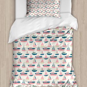 Ambesonne Sailing Duvet Cover Sets, Pattern of Little Ship Boat Yacht Submarine Marine Love for Cartoon, Bedding Set with 2 Duvet Covers 4 Pillowcases, 2 Pack Cal King Size, Multicolor