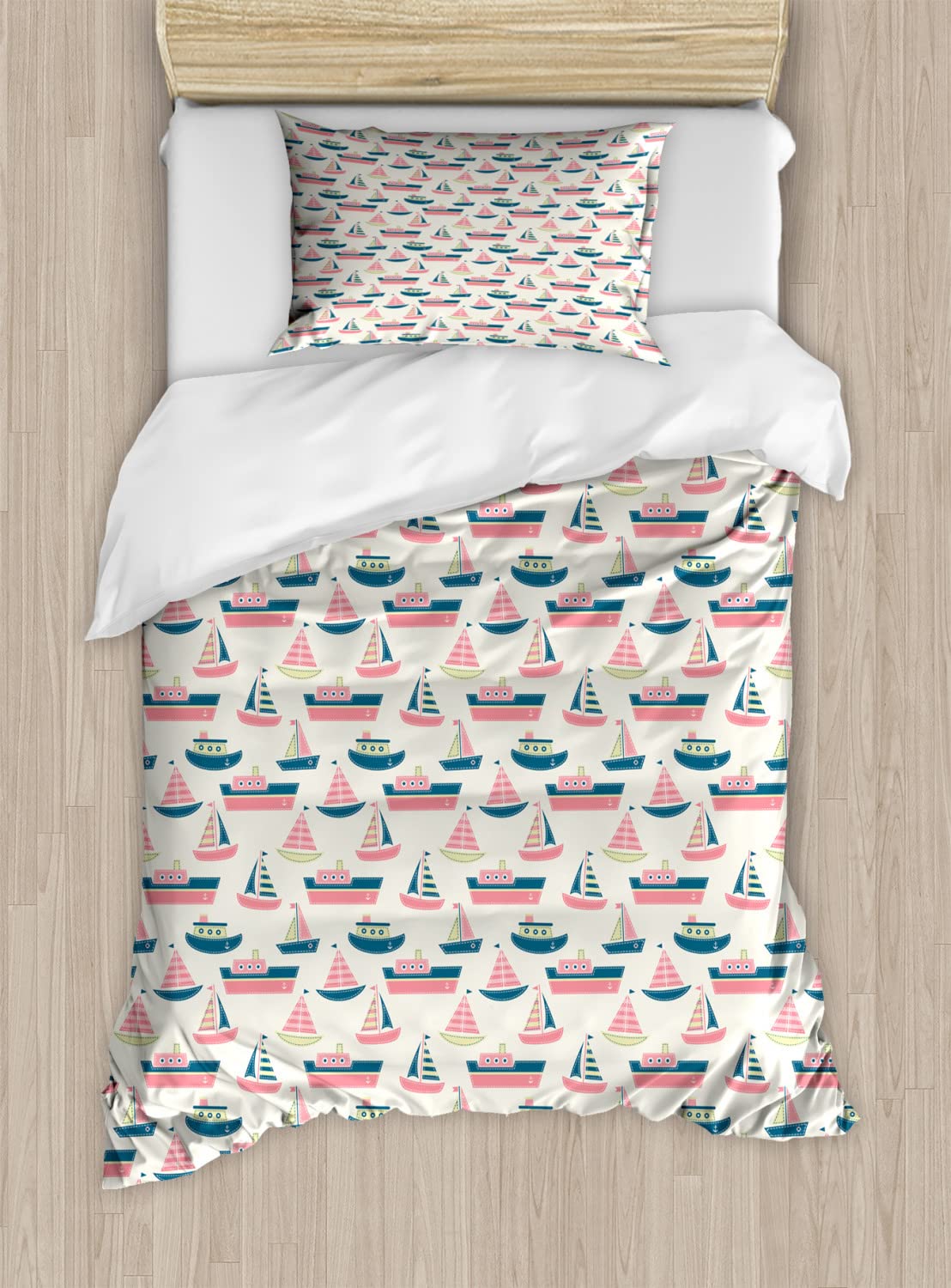 Ambesonne Sailing Duvet Cover Sets, Pattern of Little Ship Boat Yacht Submarine Marine Love for Cartoon, Bedding Set with 2 Duvet Covers 4 Pillowcases, 2 Pack Cal King Size, Multicolor